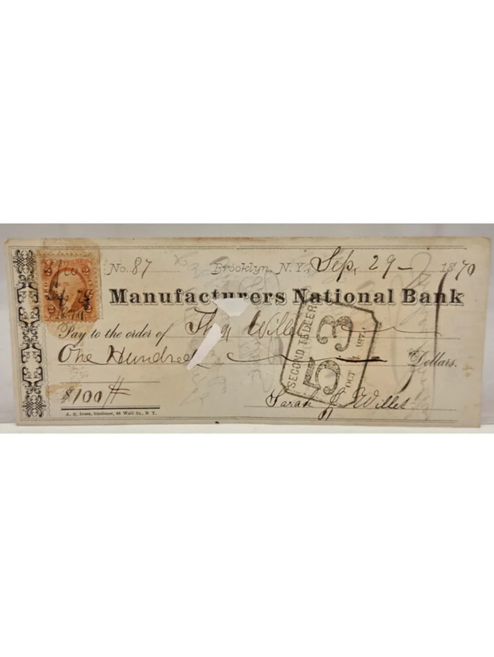 1870 Manufacturers National Bank Brooklyn NY Check Revenue Stamp Antique